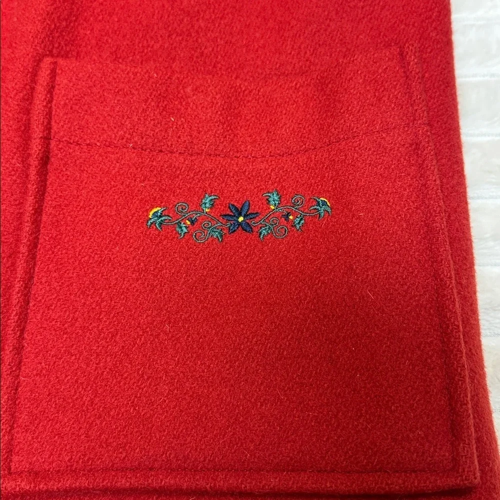 Petit Poids: Girls Red Wool Pea Coat with Floral Embroidery, Size 12